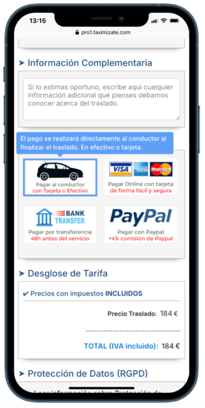 Formas de pago personalizables en sistema de reservas para taxi