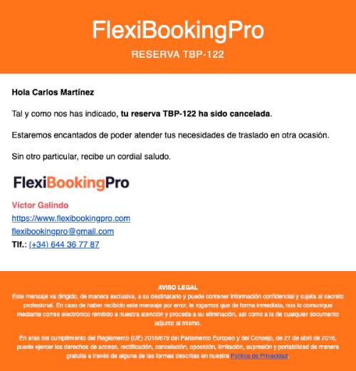 Notificación de cancelación por petición del cliente