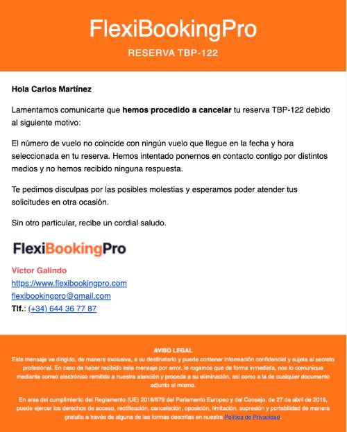 Notificación de cancelación por el administrador