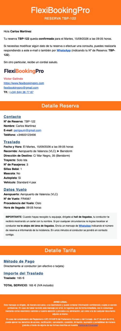 Notificación de confirmación de reserva